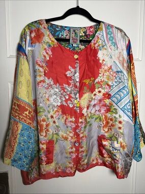 Johnny Was Red Multicolor Floral Patchwork 100% Silk-Blend Button Top